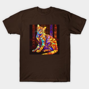 Stained Glass Cat Sitting in Front of a Stained Glass Window T-Shirt